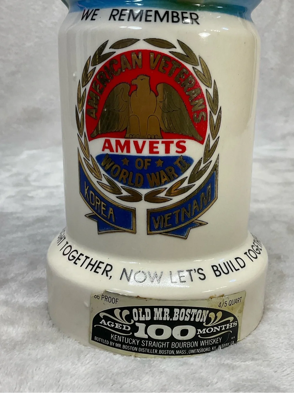 1975 Vtg Old Mr. Boston AMVETS Figural Liquor Decanter With Soldier Head